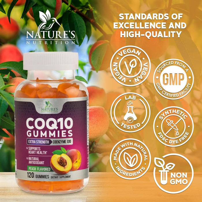 Nature's Nutrition CoQ10 Gummies 100mg – High Absorption Coenzyme Q10 Supplement for Heart Health, Energy & Antioxidant Support – Peach Flavor Gummy, Vegan, Non-GMO, Gluten Free – 120 Count