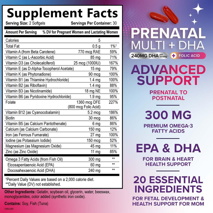 Prenatal Vitamins with Folic Acid & DHA, Fetal Brain Development Support with Folate & Omega 3's, Prenatal Multivitamin for Women, Vitamin A, C, D, B6, B12 & Iron, Pregnancy Supplement - 60 Softgels