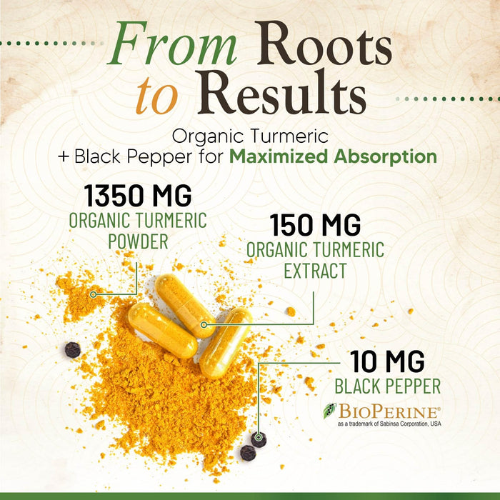 Turmeric Curcumin Supplement 1500mg - Organic Tumeric & BioPerine Black Pepper for Best Absorption with 95% Curcuminoids, Nature's Joint & Immune Support, Non-GMO, Bottled in USA - 360 Capsules