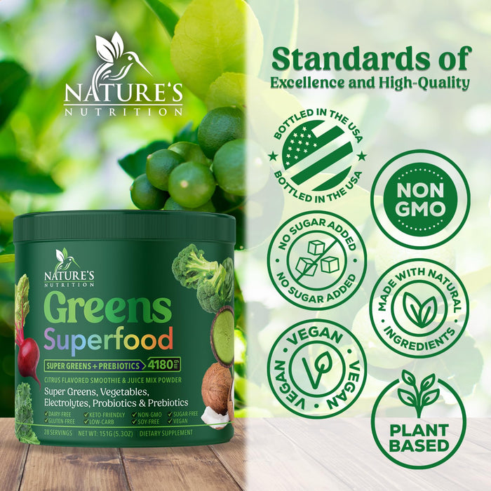 Greens Superfood Powder - Original Organic Super Greens Juice Powder - Packed with Probiotics, Wheat Grass, Enzymes, Spirulina, Chlorella for Digestive & Gut Health, Smoothie Drink Mix - 28 Servings
