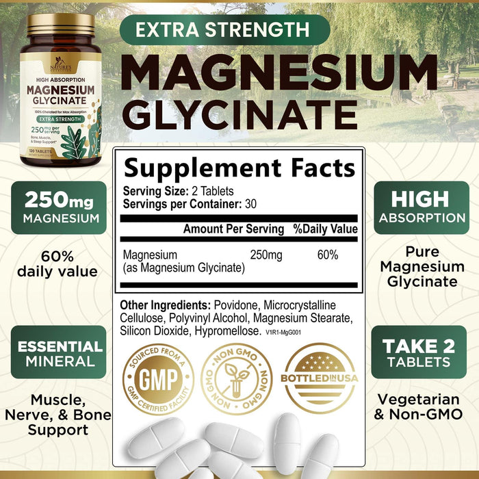 Magnesium (Glycinate) - Magnesium Supplement for Heart Health, Nerve, Muscle, Bone, and Sleep Support - 100% Chelated & High Absorption - 250 mg per Serving - Gluten Free, Vegan, Non-GMO - 60 Count