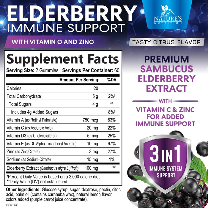 Sambucus Elderberry Immune Support Gummies for Kids & Adults, Elderberry Extract Gummy with Vitamins with Vitamin C, D3, Zinc, Immune Health Support Gummy Supplement, Black Elder Berry - 120 Gummies