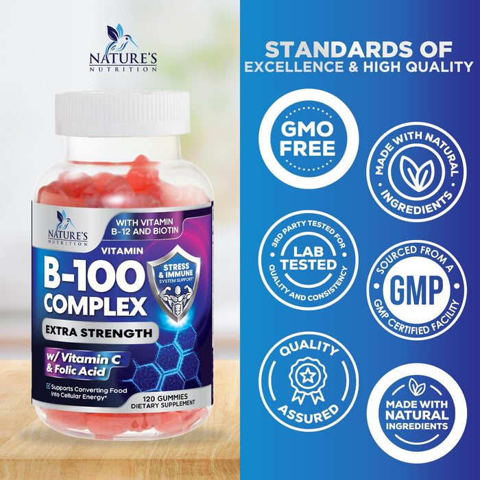 B Complex Supplement Gummies with Vitamin C & Folic Acid, Extra Strength Super Vitamin B Gummy with Niacin, B6, Folic Acid, B12, Biotin, Nature's Energy Immune Support Supplements - 120 Gummies
