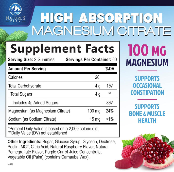Magnesium Citrate Supplement Gummies - High Absorption Magnesium Gummy for Adults & Kids, Magnesio Citrate Supplements for Bone, Muscle Health, Heart Support, Vegan, Gluten Free, Non-GMO - 120 Gummies