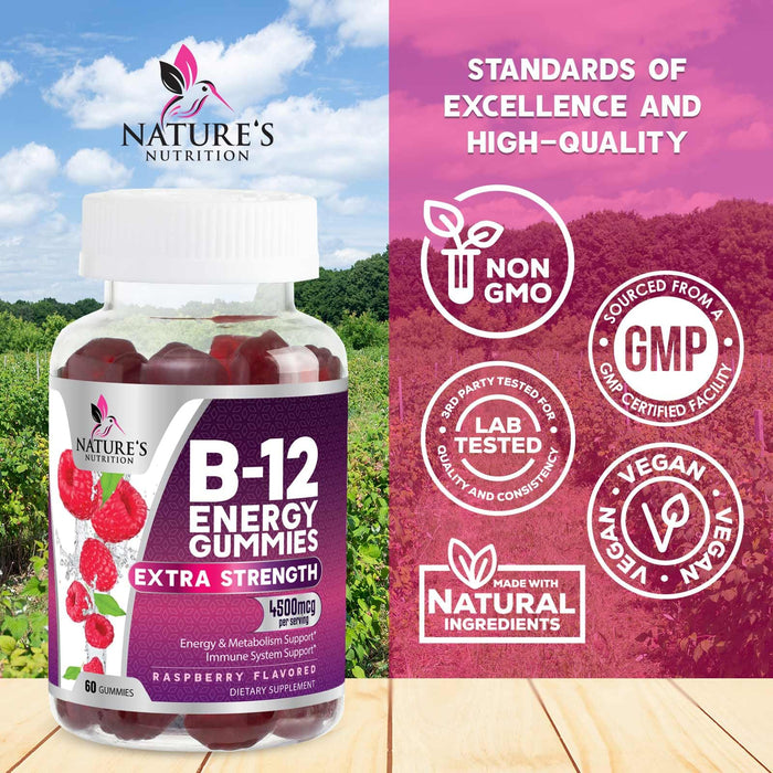B-12 Vitamin Energy Gummies - 4500mcg Extra Strength B12 Gummy Chewables for Energy Metabolism & Immune Support - Dietary Supplement for Women, Men, & Kids - Non-GMO, Vegan, Berry Flavor - 60 Count