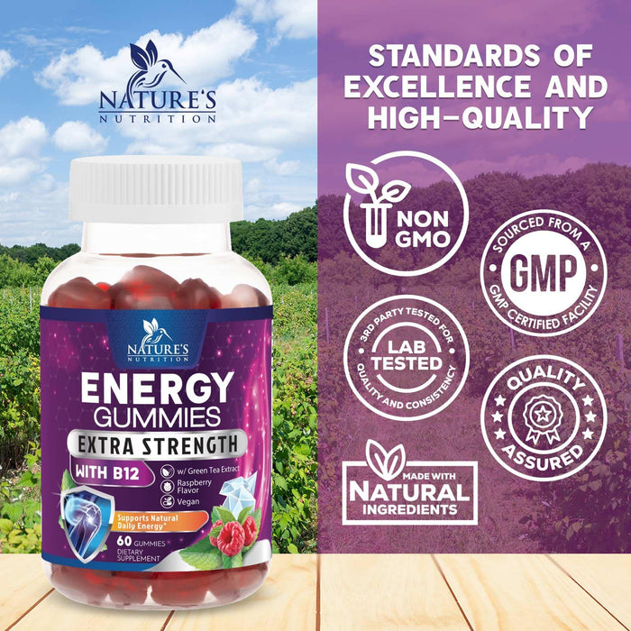 Energy Gummies 1000 mcg Vitamin B12, Green Tea Natural Caffeine Support, Daily Energy Gummies Vitamins, Delicious Berry Flavor B12 Chewable Exercise Supplement for Running Cycling & Sports - 60 Chews