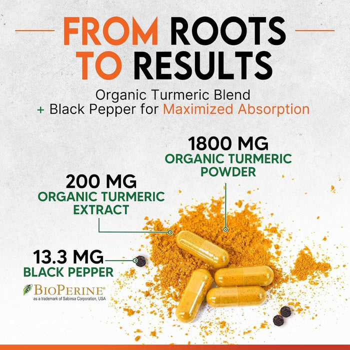 Turmeric Curcumin Supplement 2000mg - Nature's Joint & Immune Support, Organic Tumeric & BioPerine Black Pepper for Best Absorption with 95% Curcuminoids, Non-GMO, Bottled USA - 120 Count