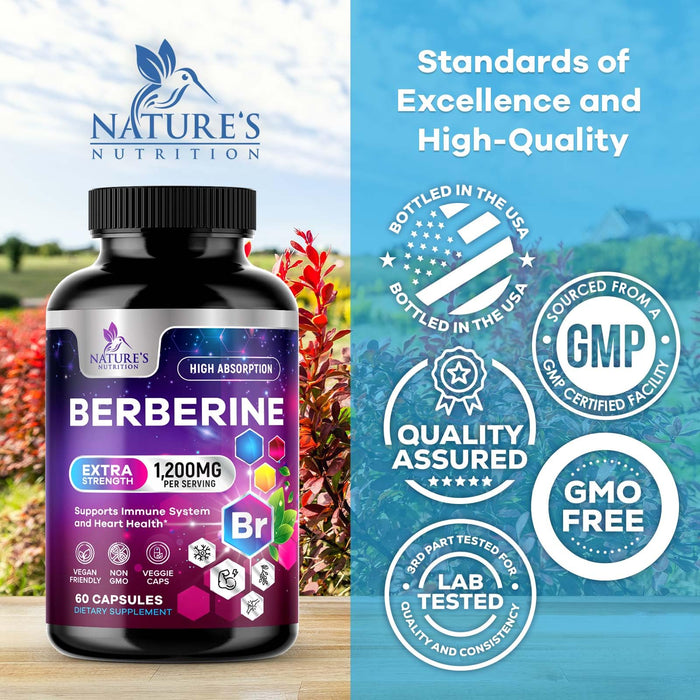 Berberine HCL 1200mg Supplement - Berberine HCI Capsules High Absorption Supplement for Heart Health & Immune Support, High Strength, Gluten-Free, Vegan, Non-GMO Pills - 60 Veggie Capsules