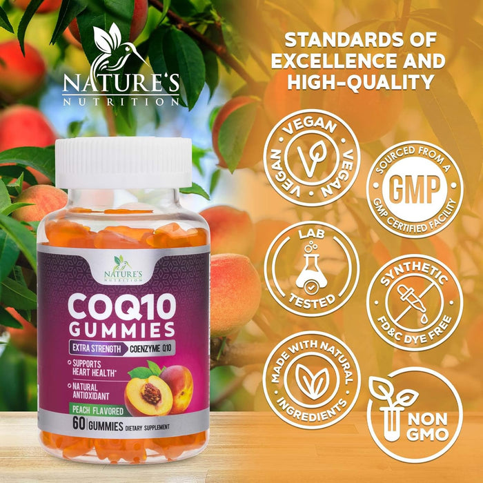 Nature's Nutrition CoQ10 Gummies 100mg – High Absorption Coenzyme Q10 Supplement for Heart Health, Energy & Antioxidant Support – Peach Flavor Gummy, Vegan, Non-GMO, Gluten Free – 60 Count