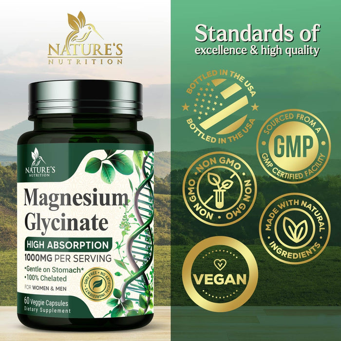 Magnesium Glycinate 1000mg - Magnesium for Bone, Muscle, Nerves & Heart Health Support, Natures Sleep Support, Best Mag Supplement Pills for Whole Body - Chelated for Ultra Absorption - 60 Capsules
