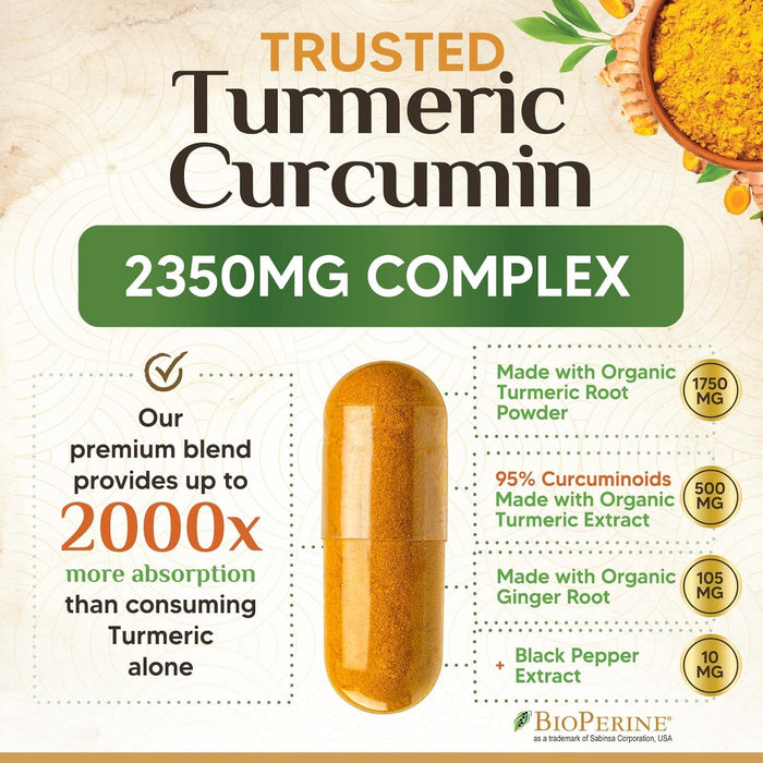 Turmeric Curcumin Supplement 1750mg with Organic Turmeric & Ginger, 95% Curcuminoids, BioPerine Black Pepper for Best Absorption, Nature's Vegan Joint Support, Non-GMO, Bottled in USA - 360 Capsules