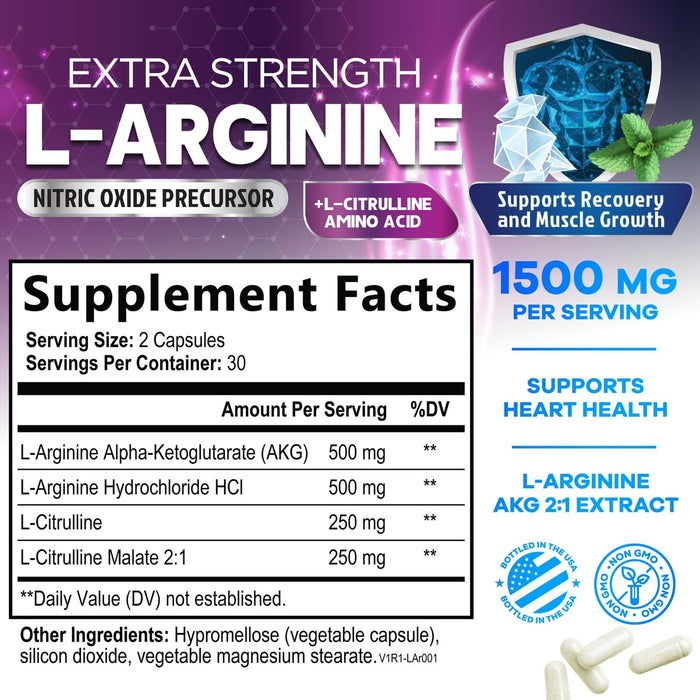 L-Arginine 1000mg Supplement - Heart Health Support - Premium Muscle Supporting Nitric Oxide Precursor Booster for Extra Strength - Gluten Free, Amino Acid Energy Blend For Men & Women - 60 Capsules