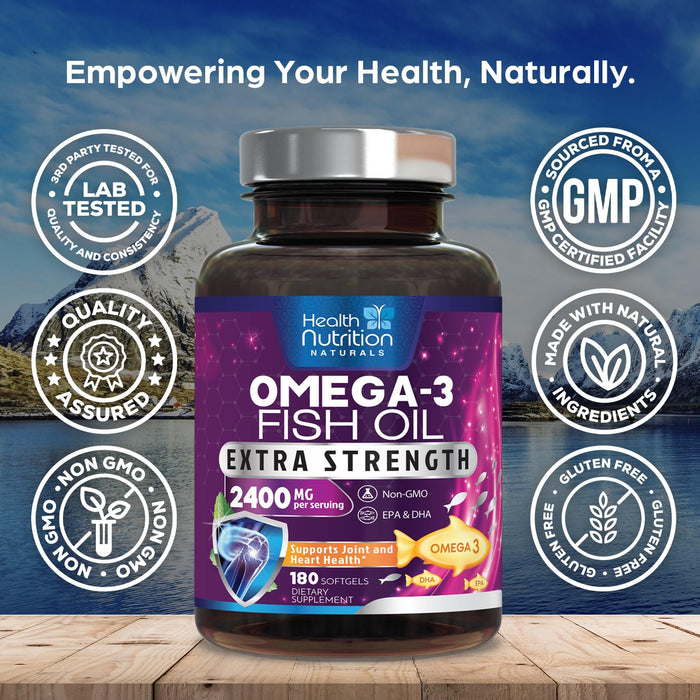 Omega 3 Fish Oil 2400 mg - Triple Strength Omega3, EPA & DHA Fatty Acids Supplement - Natural Support for Immune, Heart & Brain Health - Wild Caught, Non-GMO, Lemon Flavor, Burpless - 180 Softgels