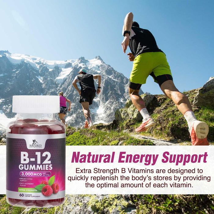 B12 Gummies for Adults, Extra Strength Energy 3000 mcg - B-12 Energy Metabolism & Immune System Support - Chewable Dietary Supplement for Adults & Kids Caffeine Free Gummy Vitamin - 60 Gummies