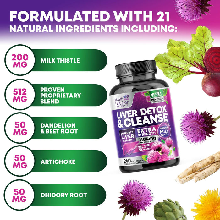 Gentle Liver Cleanse Detox & Repair Formula - Herbal Liver Support Supplement: Milk Thistle with Silymarin, Artichoke Extract, Dandelion, Beet, Chicory Root, & Turmeric for Liver Health - 240 Capsules