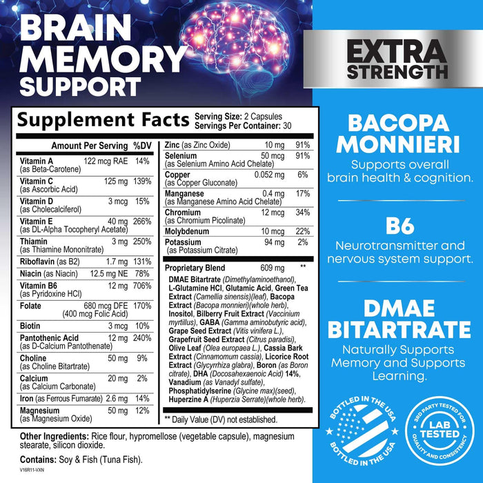 Brain Memory Supplement Pills - Nootropics Support for Concentration, Clarity, Alertness & Focus - Brain Health with Bacopa, Cognitive Vitamins, Phosphatidylserine, DMAE - Brain Booster - 60 Capsules