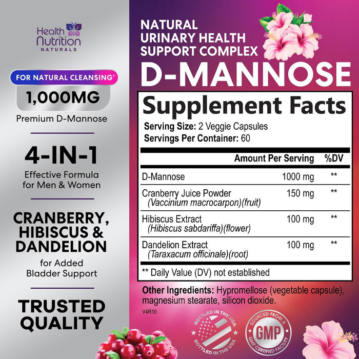 D-Mannose Supplement 1,350mg with Cranberry, Hibiscus & Dandelion - Fast-Acting, Natural Bladder & Urinary Tract Support for Women & Men – Flush & Cleanse Impurities – Non-GMO, Vegan – 120 Capsules