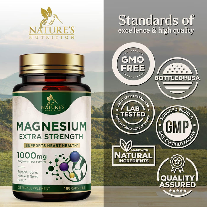 Magnesium Supplement (Citrate Oxide) 1000mg for Best Absorption, Supports Bone, Heart Health, Nerves, Muscles & Metabolism, Nature's Pure Magnesio Vitamin Pills, Bottled in USA, 180 Capsules