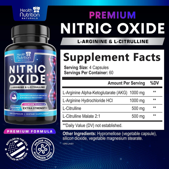 Extra Strength Nitric Oxide Supplement 3X Strength L Arginine, Citrulline Malate, AAKG, Beta Alanine - Premium Muscle Supporting Nitric Booster - Natural Energy & Heart Health Support - 240 Capsules
