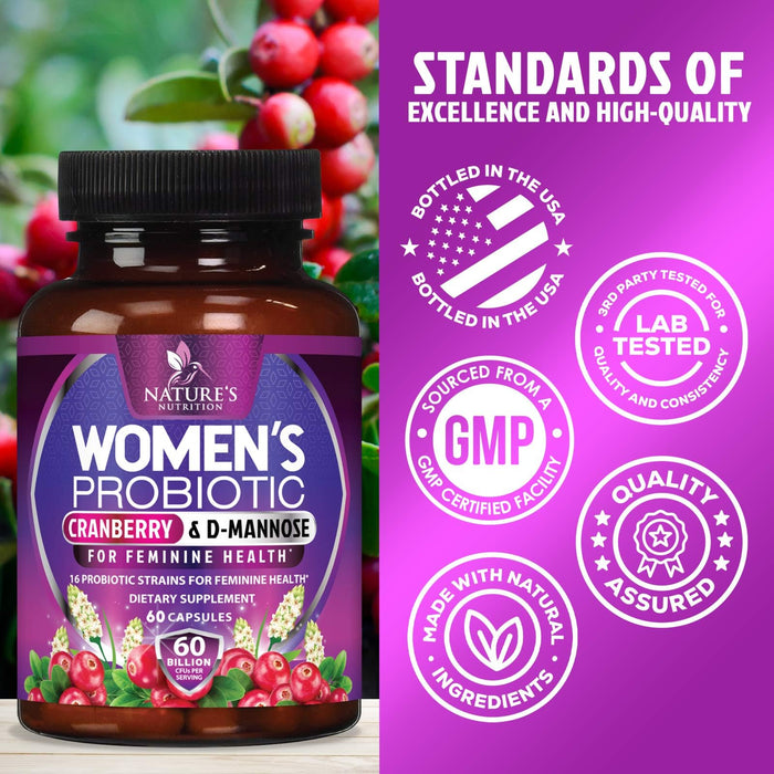 Probiotics for Women 60 Billion CFU - 16 Strains, Prebiotics & Cranberry, PH Balance, Digestive Health, Vaginal & Immune Support, Womens Probiotic for Gut Health, Shelf Stable - 60 Capsules