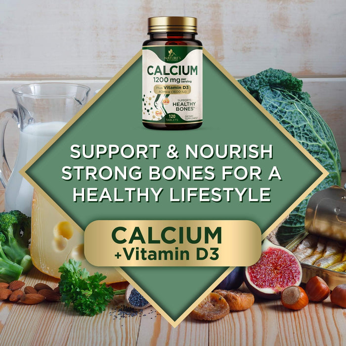 Calcium 1200 mg with Vitamin D3, Calcium Supplement Vitamins, Supports Bone Strength, Teeth & Immune System, Calcium Supplements for Women & Men, Nature's Absorbable Calcium Carbonate - 120 Tablets
