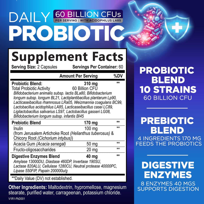 Probiotics 60 Billion CFU - 10 Strains + Digestive Enzymes & Prebiotics - Best Probiotic for Women & Men, Supports Immune, Gut Health, Occasional Constipation, Diarrhea, Gas & Bloating - 120 Capsules