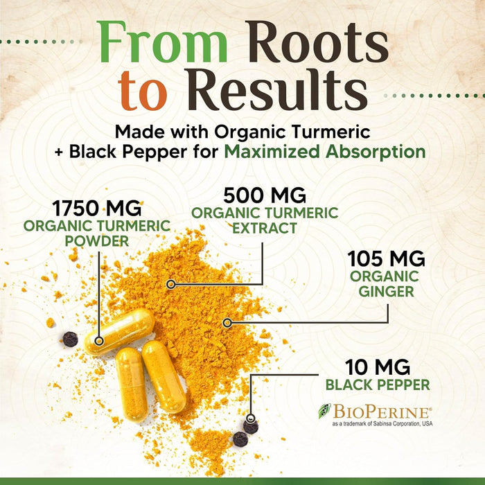 Turmeric Curcumin Supplement 1750mg with Organic Turmeric & Ginger, 95% Curcuminoids, BioPerine Black Pepper for Best Absorption, Nature's Vegan Joint Support, Non-GMO, Bottled in USA - 360 Capsules