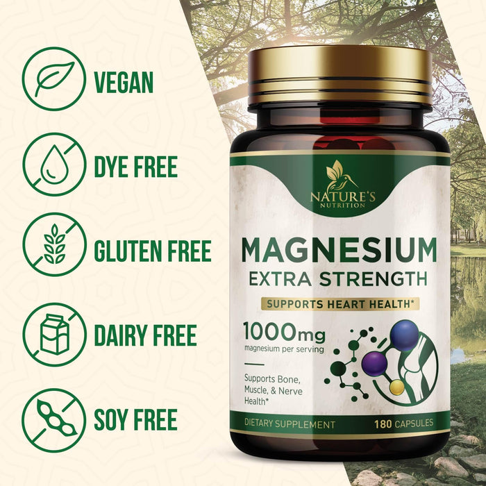 Magnesium Supplement (Citrate Oxide) 1000mg for Best Absorption, Supports Bone, Heart Health, Nerves, Muscles & Metabolism, Nature's Pure Magnesio Vitamin Pills, Bottled in USA, 180 Capsules
