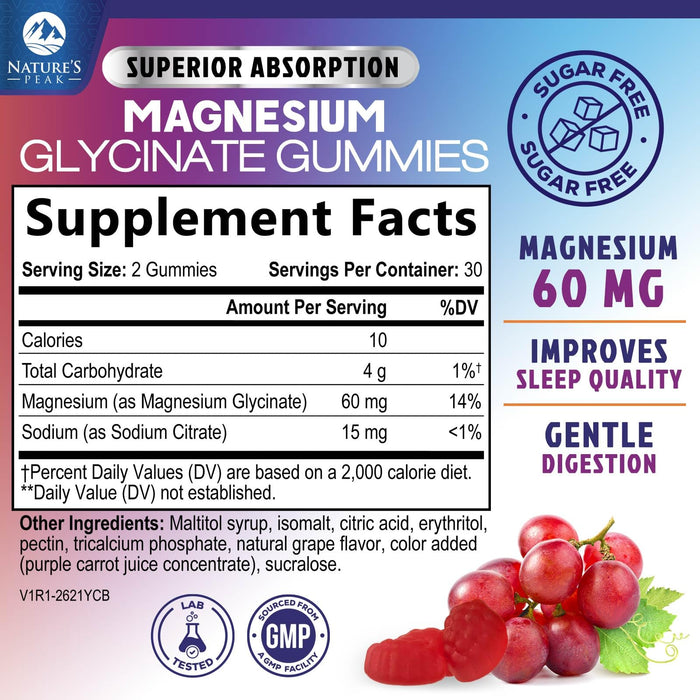 Magnesium Glycinate Gummies | Sugar Free & High Absorption | Chelated to Support Bone, Muscle, Nerves & Heart Health | Sleep & Stress Support Women & Men | Vegan, Gluten Free, Non-GMO | 60 Gummies