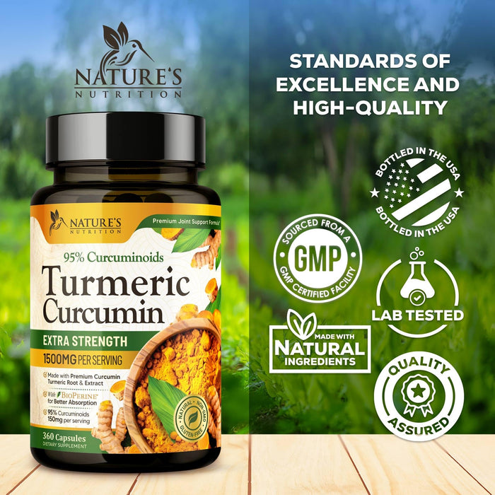 Turmeric Curcumin Supplement 1500mg - Organic Tumeric & BioPerine Black Pepper for Best Absorption with 95% Curcuminoids, Nature's Joint & Immune Support, Non-GMO, Bottled in USA - 360 Capsules