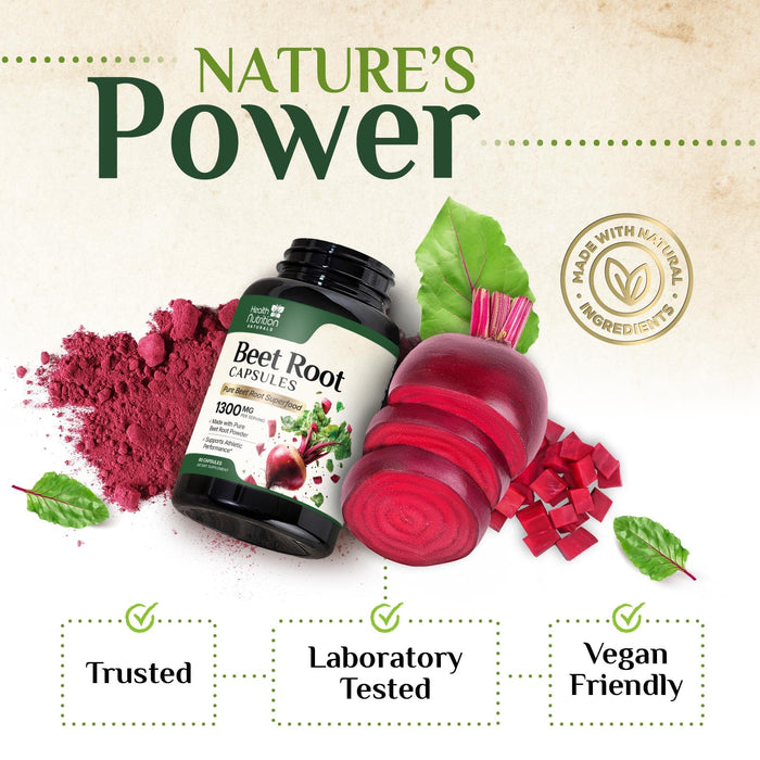 Beet Root Capsules 1300mg - Organic Red Beetroot Powder - 60 Vegan Capsules