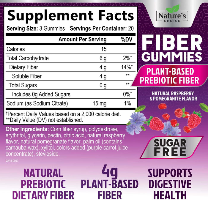 Fiber Gummies for Adults, Sugar Free Daily 4g Gummy Fiber Supplement, Prebiotic Gummy Digestive Health Support - Plant Based Soluble Chews, Prebiotics Supports Regularity & Digestion - 60 Gummies