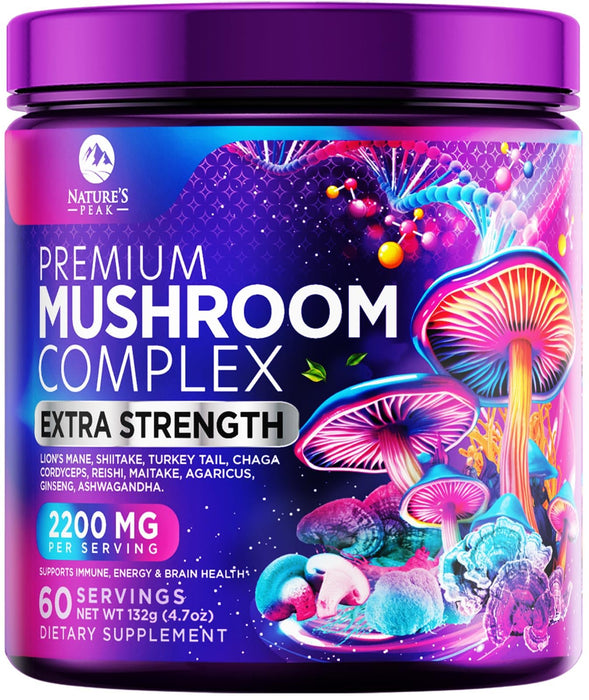Brain Mushroom Powder - Mushroom Extract Powder, 11 in 1 Complex Mushroom Supplement with Organic Lions Mane, Reishi, Cordyceps, Chaga, Turkey Tail, Maitake for Energy & Immune Support - 60 Servings