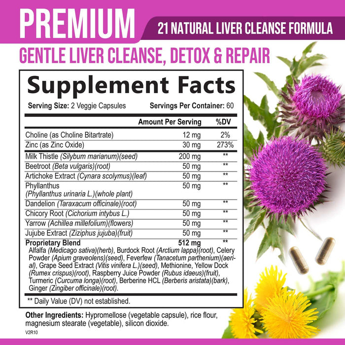 Liver Cleanse Detox & Repair Formula - Herbal Liver Support Supplement with Milk Thistle with Silymarin, Artichoke Extract, Dandelion, Beet, Chicory Root, & Turmeric for Liver Health - 120 Capsules
