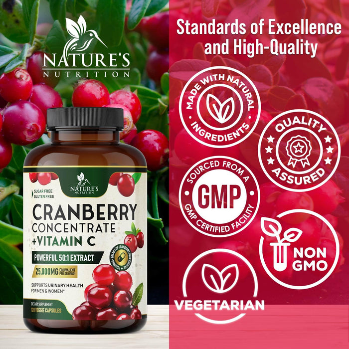 Cranberry Pills for Women - 500 mg Natural Urinary Tract Health Support - Concentrated Formula from Whole Fruit Cranberry & Vitamin C - Sugar Free, Gluten Free, Non-GMO Supplement - 120 Capsules