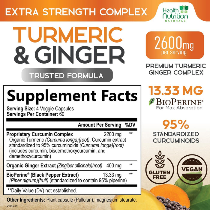 Turmeric Curcumin Supplement 2600mg - with Organic Ginger & Turmeric, 95% Curcuminoids, BioPerine Black Pepper for Best Absorption, Nature's Vegan Joint Support, Non-GMO, Bottled in USA - 240 Capsules
