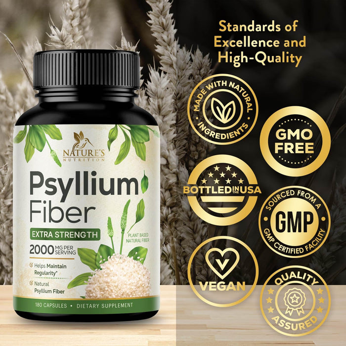Psyllium Husk Fiber Supplement 1500mg, Natural Daily Soluble & Insoluble Fiber Pills, Psyllium Husk Powder Capsules Supports Digestion Colon Health & Regularity, Plant Based Supplement - 180 Capsules