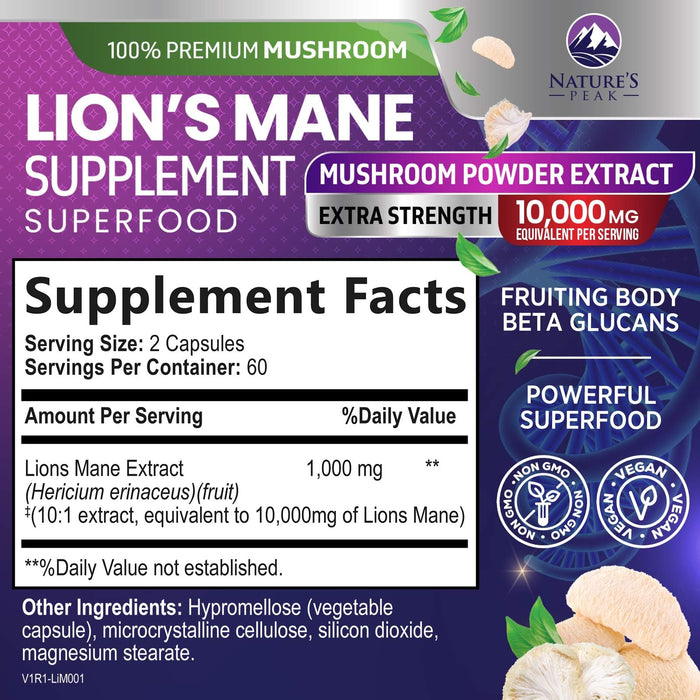 Lions Mane Mushroom Capsules 10,000mg - Lion’s Mane Supplement Capsules for Memory and Focus Support, Brain, Immune Health Support, Vegan, Bottled in USA, Lions Mane Mushroom Powder Extract, 120 Count