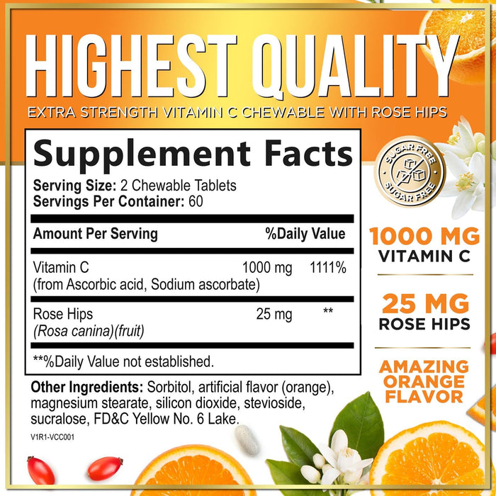 Vitamin C Supplement 1000mg - Extra Strength with Rose Hips Bioflavonoids - Sugar Free Vitamin C Chewable Pills, Nature's Vit C for Immune Support & Antioxidant Protection - 120 Chewable Tablets
