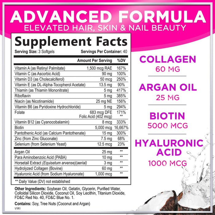 Hair, Skin & Nails Vitamins for Women - Biotin 5000mcg to Support Hair Growth with Argan Oil, Collagen & Hyaluronic Acid, Beautiful, Stronger Skin, Hair & Nails Vitamin Supplement - 120 Softgels