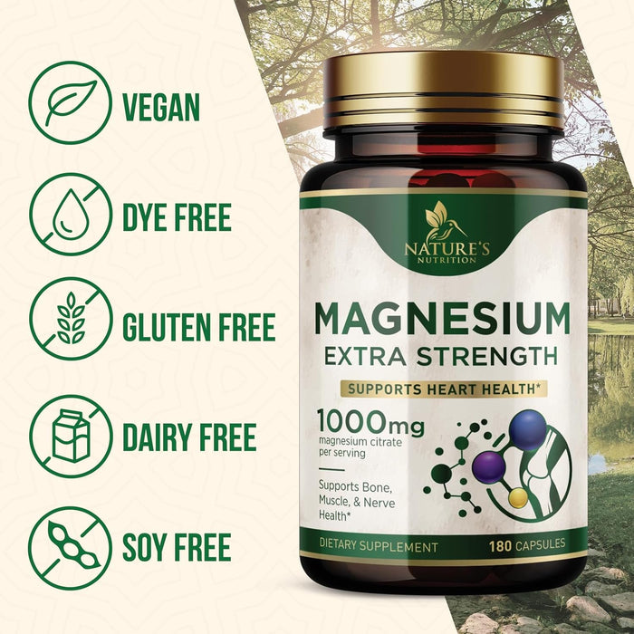 Magnesium Supplement (Citrate Oxide) 1000mg for Best Absorption, Supports Bone, Heart Health, Nerves, Muscles & Metabolism, Nature's Pure Magnesio Vitamin Pills, Bottled in USA, 180 Capsules