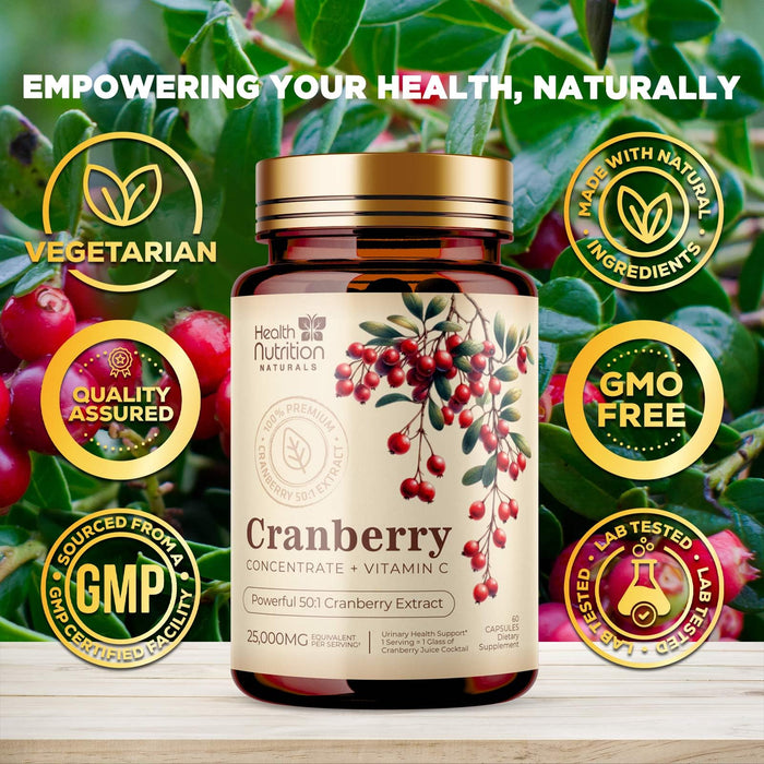 Cranberry Supplement Pills 25,000mg - High Potency Vitamin C Cranberry for Women & Men, Urinary Tract Health Support, Sugar Free, Gluten Free, Non-GMO, Cranberry Concentrate Extract - 60 Capsules