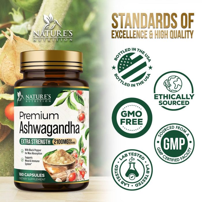 Ashwagandha Capsules for Women & Men - 2100mg Ashwagandha Supplement, Natural Antioxidant Support, Ashwa Root Extract, Extra Strength Calm Support with Black Pepper, Vegan & Gluten Free - 180 Capsules