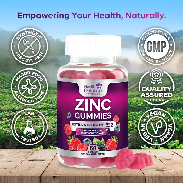 Zinc Supplement 50mg Gummies for Adults - Max Strength Skin Health & Immune Support Gummy, Vegan, Non-GMO & Gluten Free, Nature’s Antioxidant & Bone Health Chewable Tasty Berry Flavor - 60 Gummies