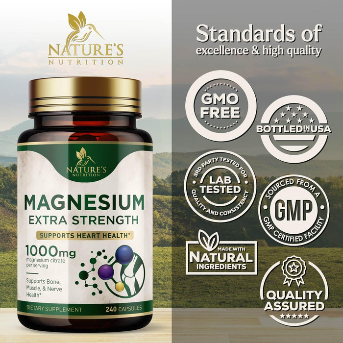 Magnesium Supplement (Citrate Oxide) 1000mg for Best Absorption, Supports Bone, Heart Health, Nerves, Muscles & Metabolism, Nature's Pure Magnesio Vitamin Pills, Bottled in USA, 240 Capsules
