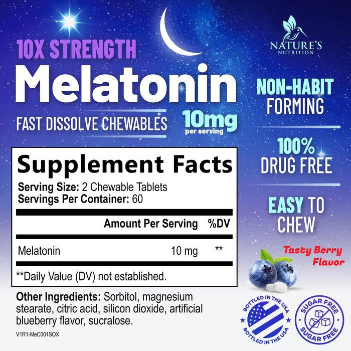 Fast Dissolve Melatonin 10mg, Sleep Support for Adults, Melatonin Sleep Supplement, for Promoting Restful Sleep, Non-Habit Forming, 100% Drug Free, Berry Flavored - 120 Chewable Tablets