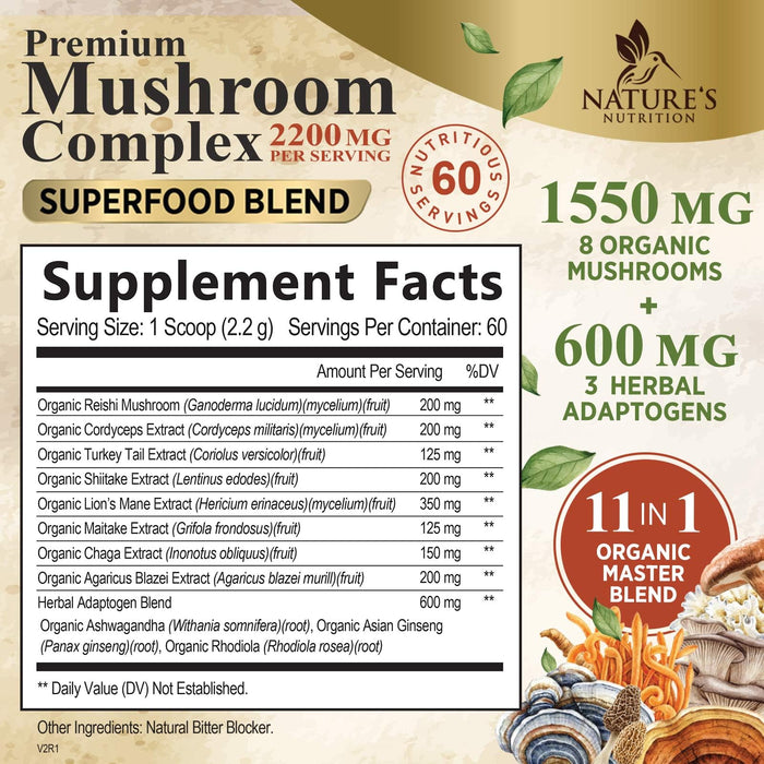 Mushroom Supplement Powder - 11 in 1 Complex Formula Powder with Organic Lions Mane, Reishi, Cordyceps, Chaga, Turkey Tail, Maitake Extract for Memory, Brain, Energy, & Immune Support - 60 Servings