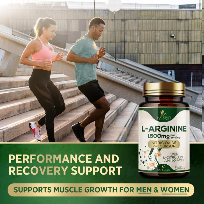 L-Arginine Supplement 1000mg with L-Citrulline - Heart Health Support - Muscle Supporting Nitric Oxide Precursor Booster for Extra Strength - Non-GMO Amino Acid Energy Blend For Men - 60 Capsules
