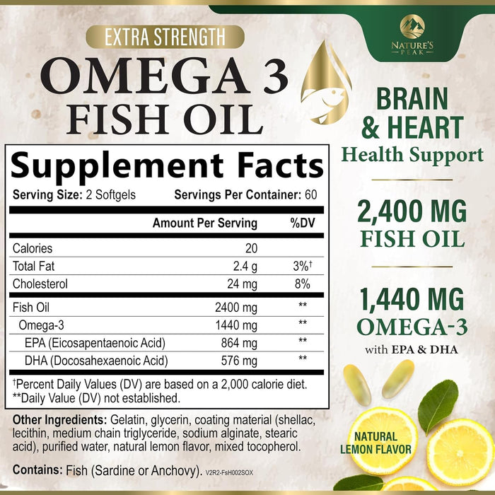 Omega 3 Fish Oil Pills 2400mg - Triple Strength Omega 3 Fish Oil Supplements - Best EPA & DHA Fatty Acids for Brain & Heart Health Support, Nature's Omega3 Supplement, 60 Day Supply - 120 Softgels