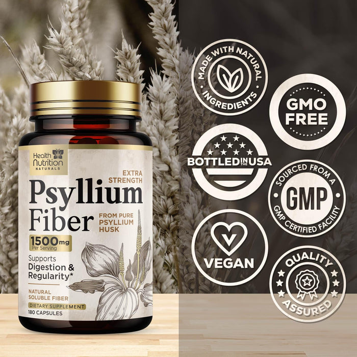 Psyllium Husk Fiber Caps 1500mg Supplement - Psyllium Husk Capsules Daily Support Digestive Health & Regularity, Nature's Plant Based Husks Natural Soluble Fiber Pills, Vegan, Non-GMO - 180 Capsules
